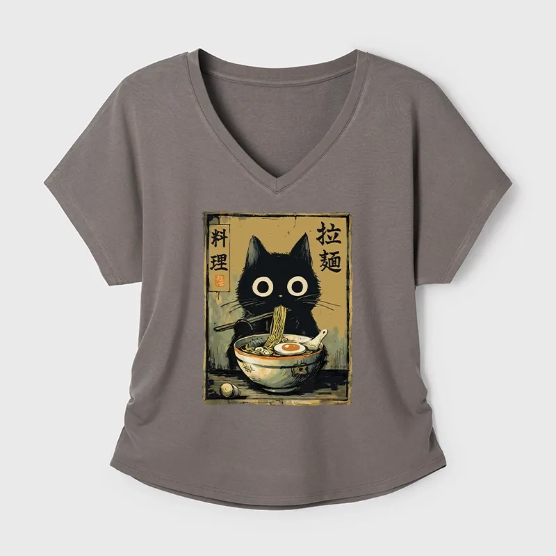 Tokyo-Tiger Cute Black Cat Eating Ramen Japan Modal Dolman Sleeve T-Shirt