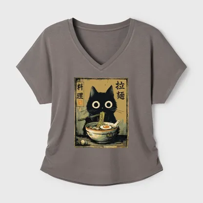 Tokyo-Tiger Cute Black Cat Eating Ramen Japan Modal Dolman Sleeve T-Shirt