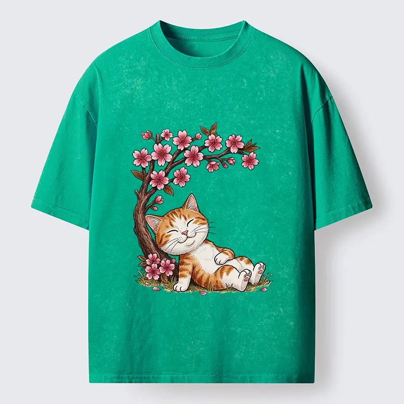 Tokyo-Tiger Cat Sleeps Under Sakura Washed T-Shirt