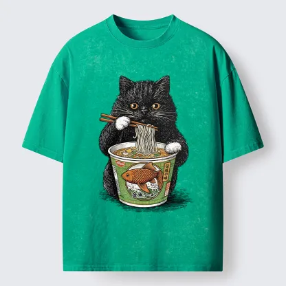 Tokyo-Tiger Black Cat Eating Japanese Food Washed T-Shirt