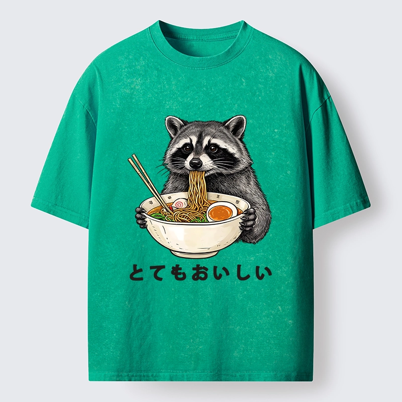 Tokyo-Tiger Raccoon Eating A Big Bowl Of Ramen Washed T-Shirt