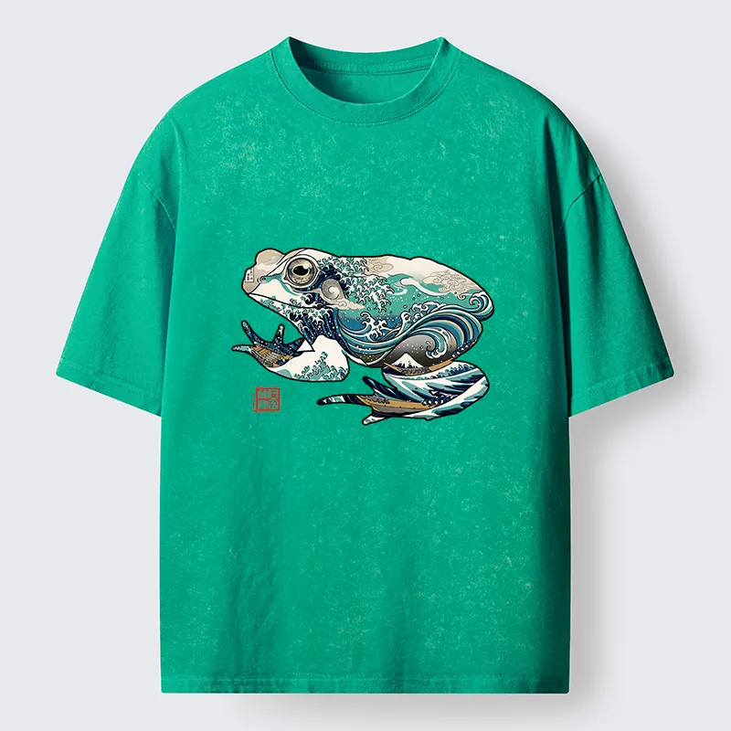 Tokyo-Tiger Frogs And Ukiyo-e Waves Washed T-Shirt