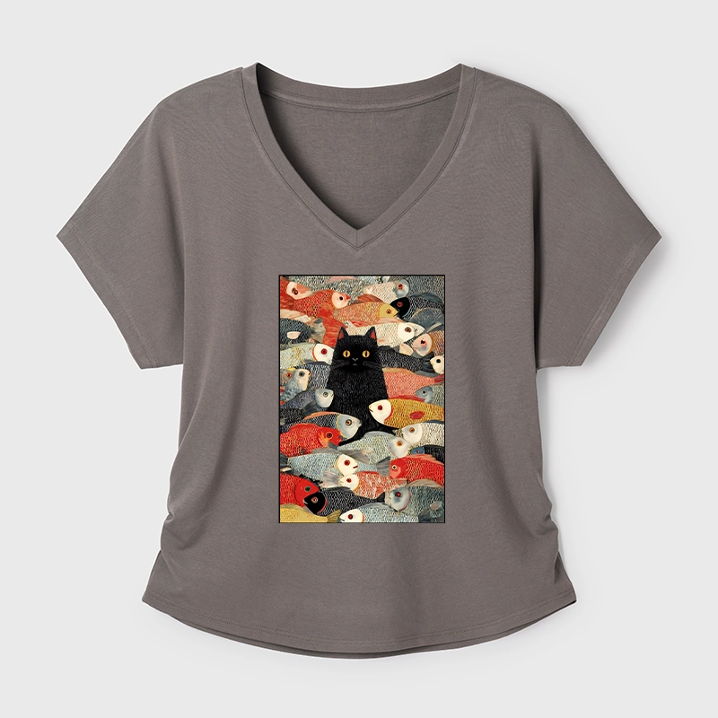 Tokyo-Tiger Cats And Fish Dolman Sleeve T-Shirt