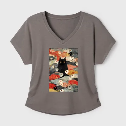 Tokyo-Tiger Cats And Fish Dolman Sleeve T-Shirt