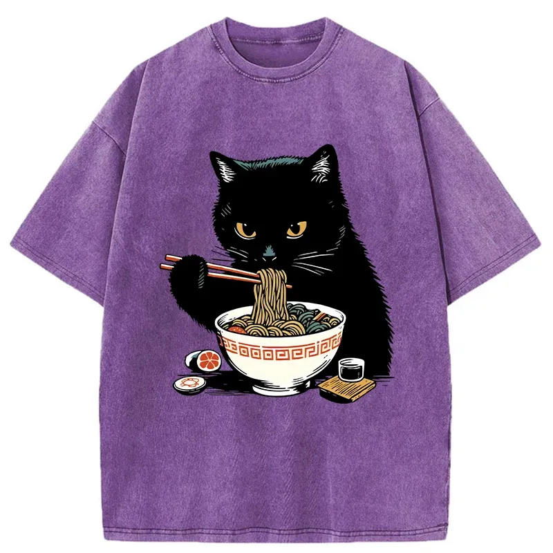 Tokyo-Tiger Cat Eating Favorite Ramen Washed T-Shirt