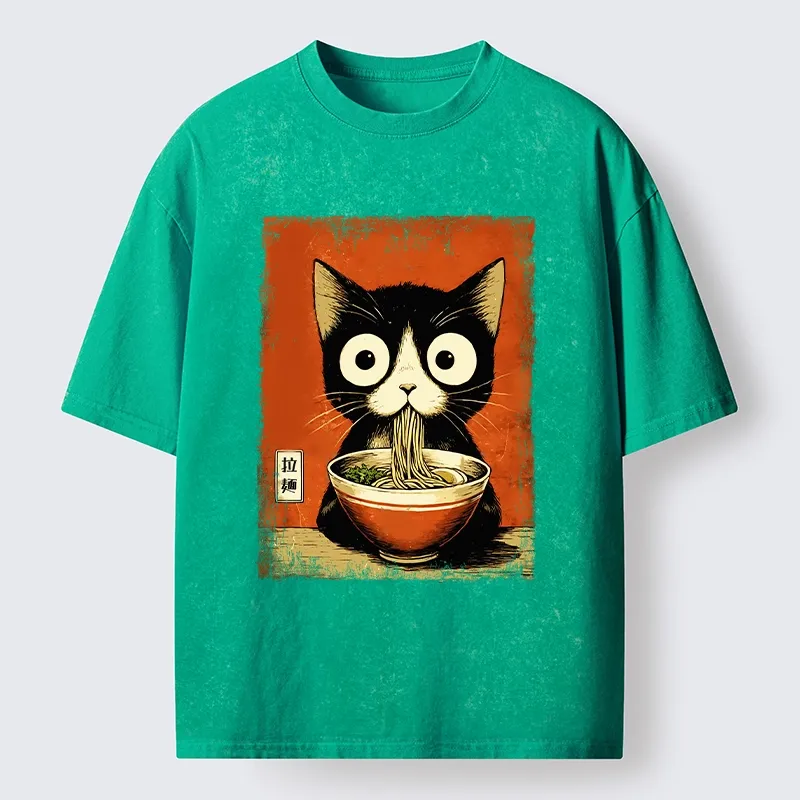 Tokyo-Tiger Ramen Loving Black Cat Washed T-Shirt