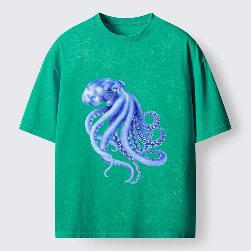 Tokyo-Tiger Retro Blue Octopus Washed T-Shirt