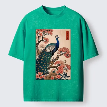 Tokyo-Tiger Vintage Peacock Woodblock Print Washed T-Shirt