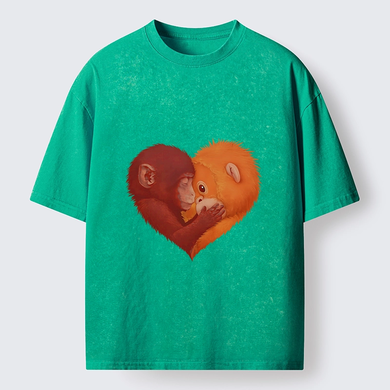 Tokyo-Tiger Monkey Love in a Heart Washed T-Shirt