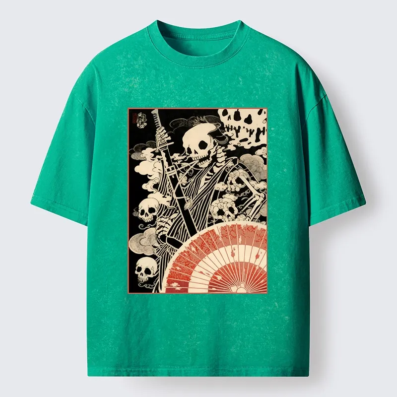 Tokyo-Tiger Dark Samurai Skeleton Art Washed T-Shirt