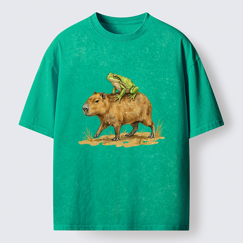Tokyo-Tiger Frog Riding A Capybara Washed T-Shirt