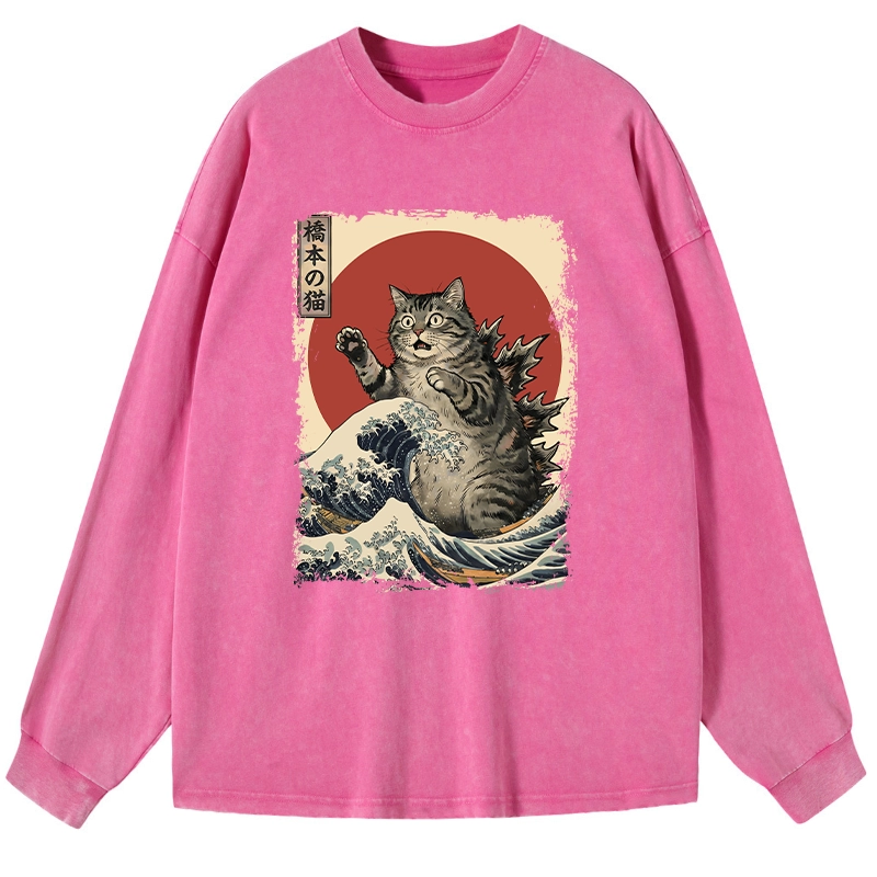 Tokyo-Tiger Catzilla Is Causing Destruction Washed Long Sleeve T-Shirt