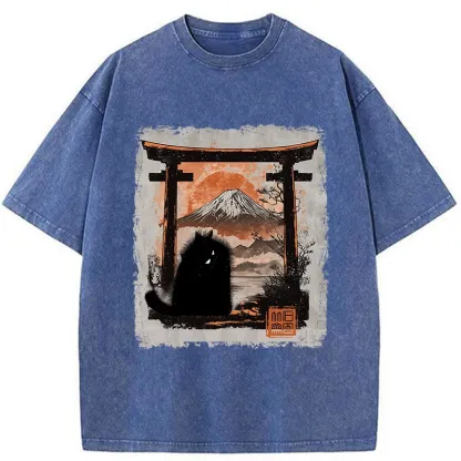Tokyo-Tiger Mt. Fuji Guardian Cat Washed T-Shirt