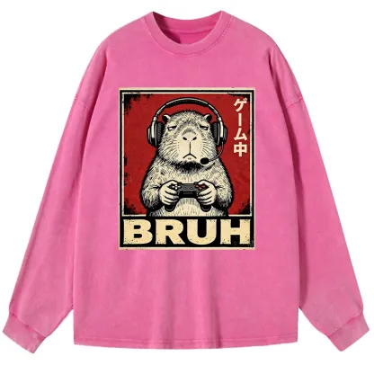 Tokyo-Tiger Funny Capybara Playing Games Washed Long Sleeve T-Shirt