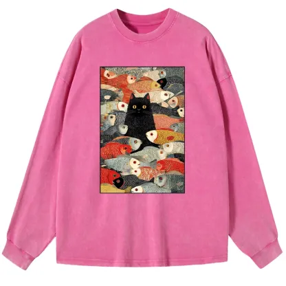 Tokyo-Tiger Cats And Fish Washed Long Sleeve T-Shirt