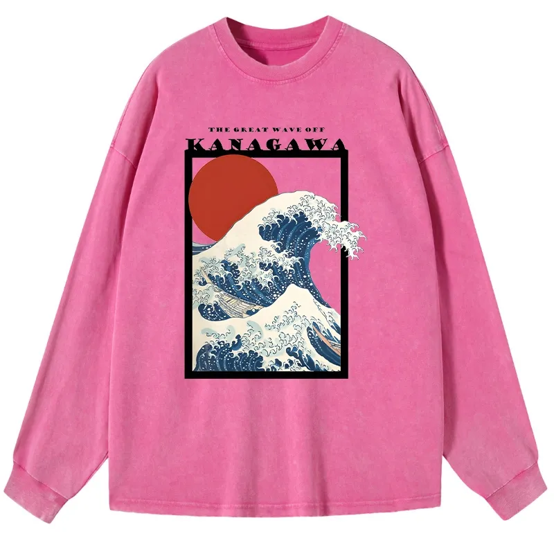 Tokyo-Tiger Minimalist Ukiyo-e Waves Washed Long Sleeve T-Shirt Sale