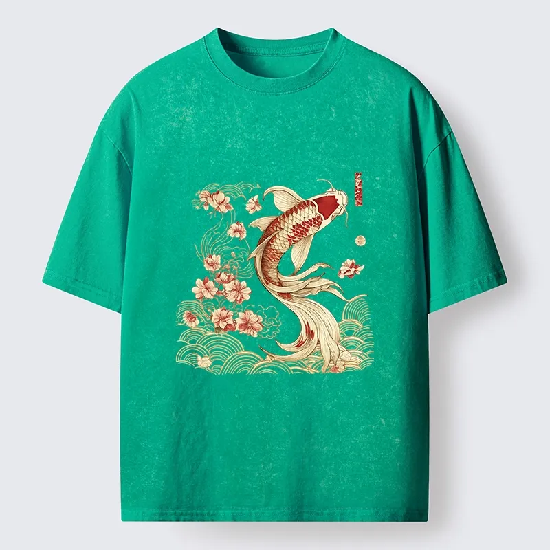 Tokyo-Tiger Golden Koi and Blossoms Washed T-Shirt