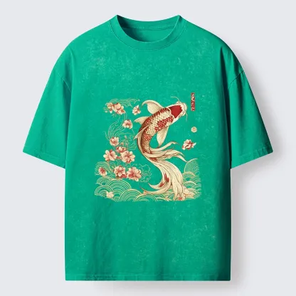 Tokyo-Tiger Golden Koi and Blossoms Washed T-Shirt
