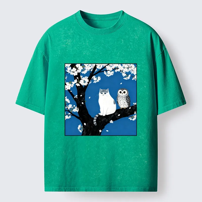 Tokyo-Tiger Cat and Owl Under Sakura Washed T-Shirt