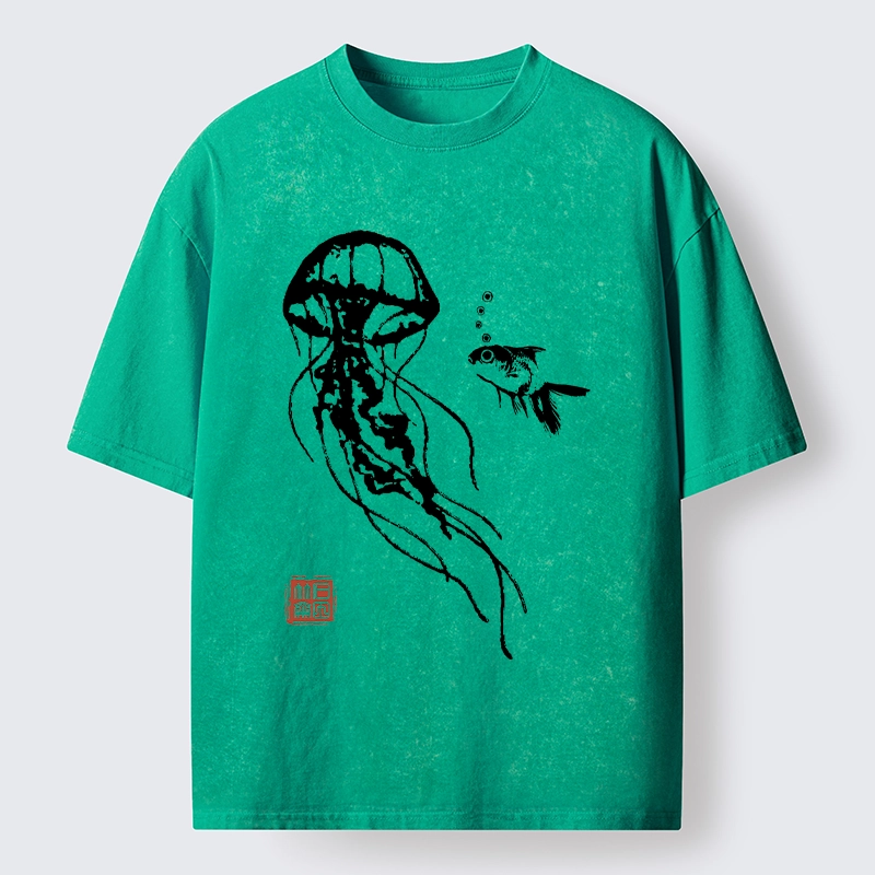 Tokyo-Tiger Ink Wash Jellyfish and Fish Washed T-Shirt