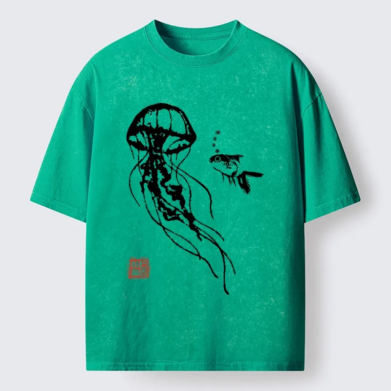 Tokyo-Tiger Ink Wash Jellyfish and Fish Washed T-Shirt