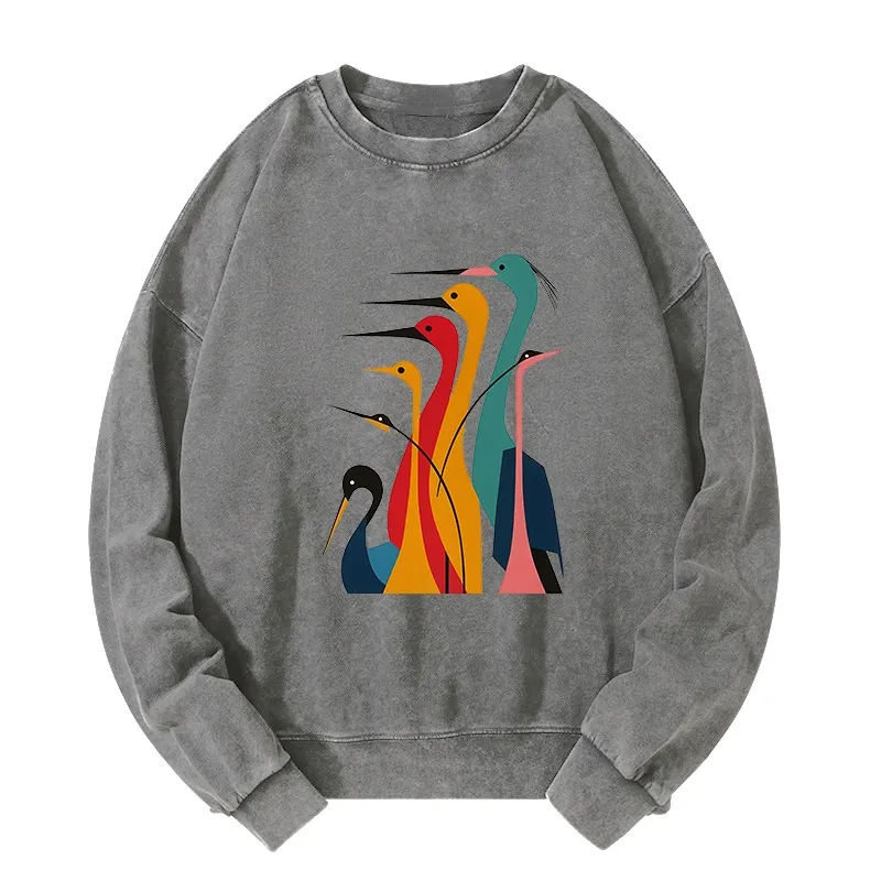 Tokyo-Tiger Various Types Of Cranes Washed Sweatshirt