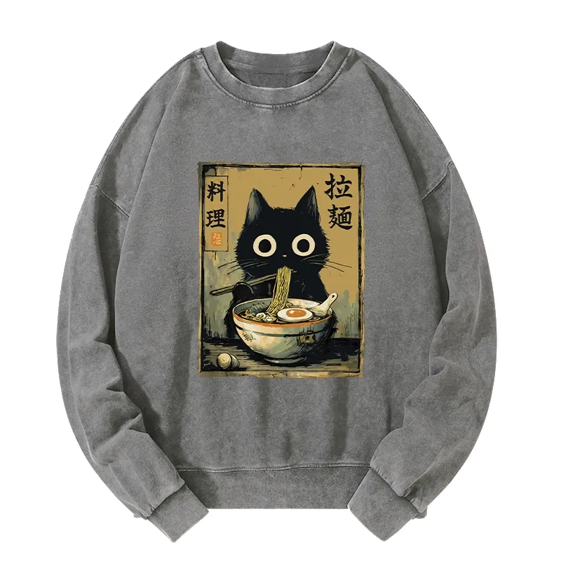 Tokyo-Tiger Cute Black Cat Eating Ramen Japan Washed Sweatshirt Sale