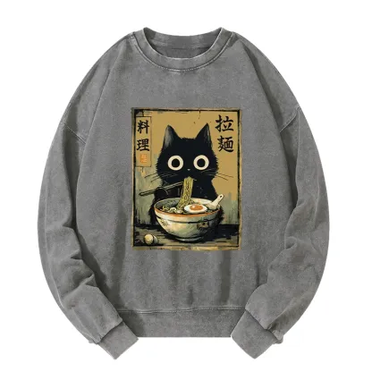 Tokyo-Tiger Cute Black Cat Eating Ramen Japan Washed Sweatshirt