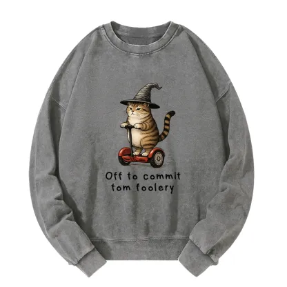 Tokyo-Tiger Orange Cat Riding Segway-style Washed Sweatshirt