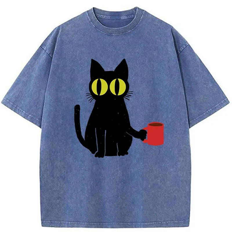 Tokyo-Tiger Cat Holding Coffee Washed T-Shirt
