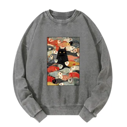 Tokyo-Tiger Cats And Fish Washed Sweatshirt
