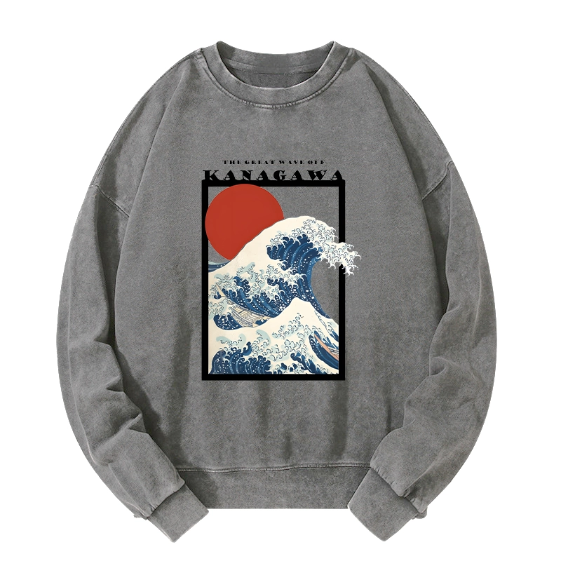 Tokyo-Tiger Minimalist Ukiyo-e Waves Washed Sweatshirt