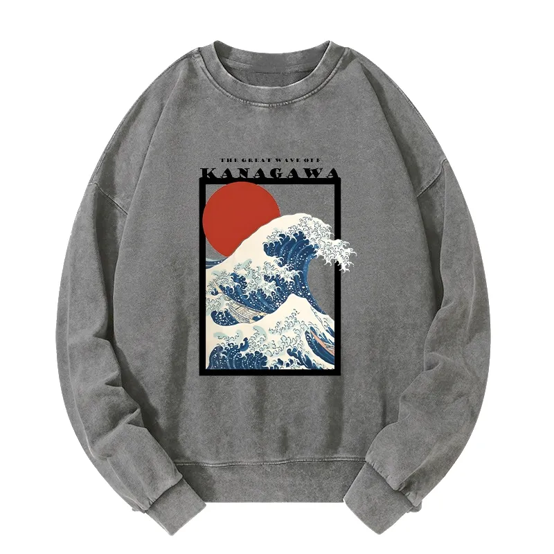 Tokyo-Tiger Minimalist Ukiyo-e Waves Washed Sweatshirt