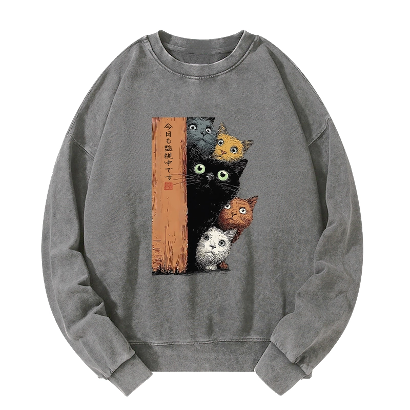 Tokyo-Tiger Five Cats Are Watching You Washed Sweatshirt