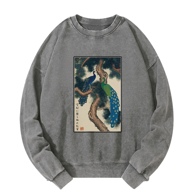 Tokyo-Tiger Peacocks in Snowy Pines Washed Sweatshirt