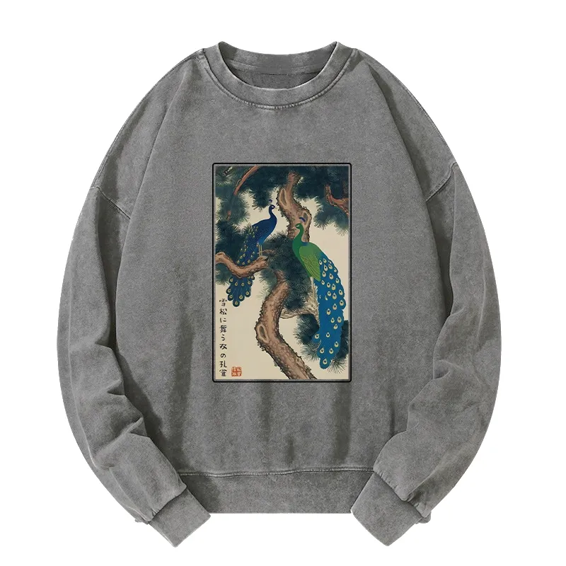 Tokyo-Tiger Peacocks in Snowy Pines Washed Sweatshirt