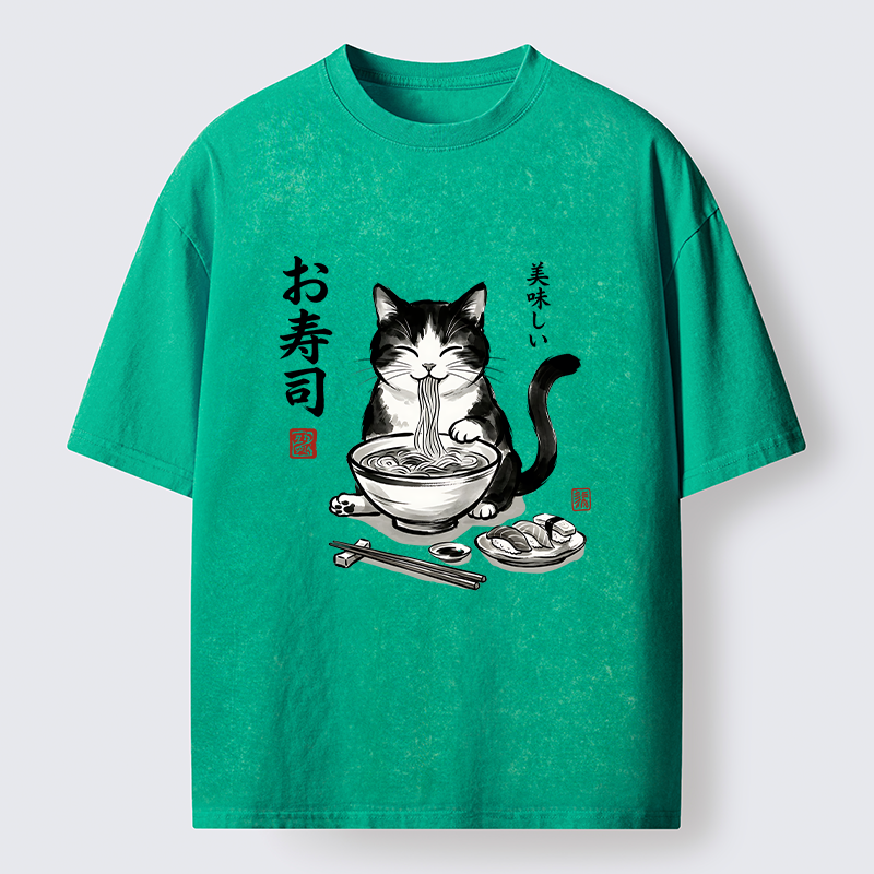 Tokyo-Tiger Cats Eat Japanese Food Washed T-Shirt