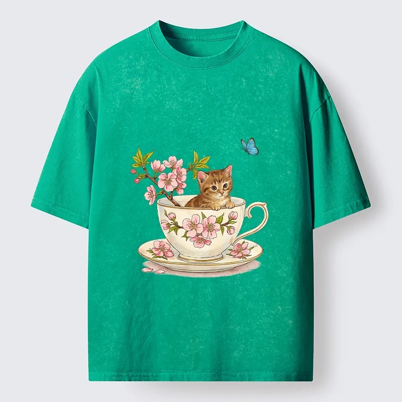 Tokyo-Tiger Cherry Blossom Teacup Kitten Washed T-Shirt
