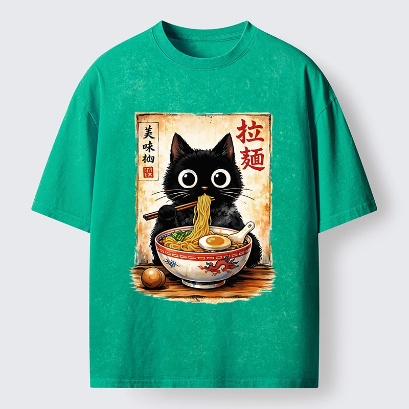 Tokyo-Tiger Cute Cat Slurping Ramen Washed T-Shirt