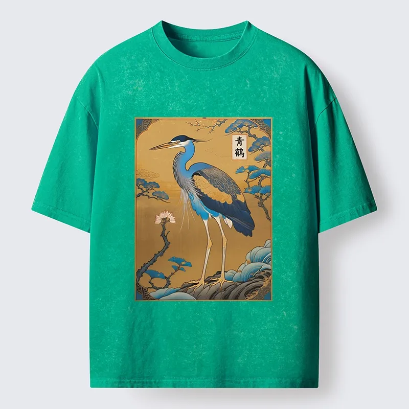 Tokyo-Tiger Golden Background Blue Heron Washed T-Shirt