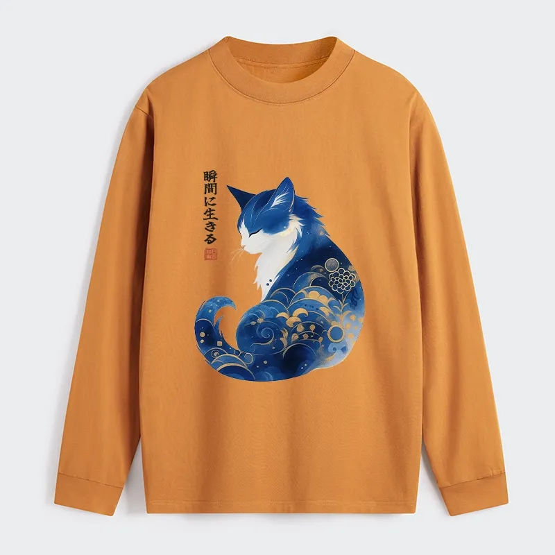 Tokyo-Tiger Retro Zen Cat: Living the Present Classic Long Sleeve T-Shirt