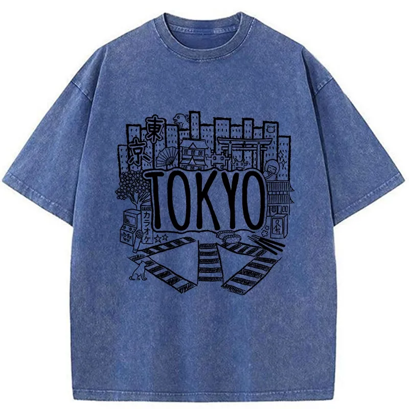 Tokyo-Tiger Cityscape Of Tokyo Washed T-Shirt