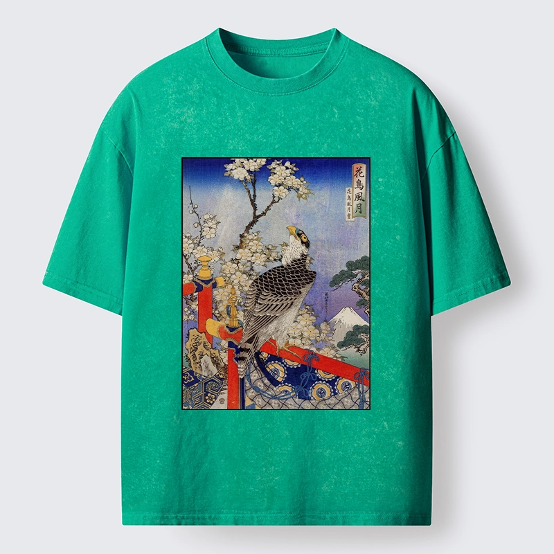 Tokyo-Tiger Sakura, Eagle And Mount Fuji In Ukiyo-E Washed T-Shirt