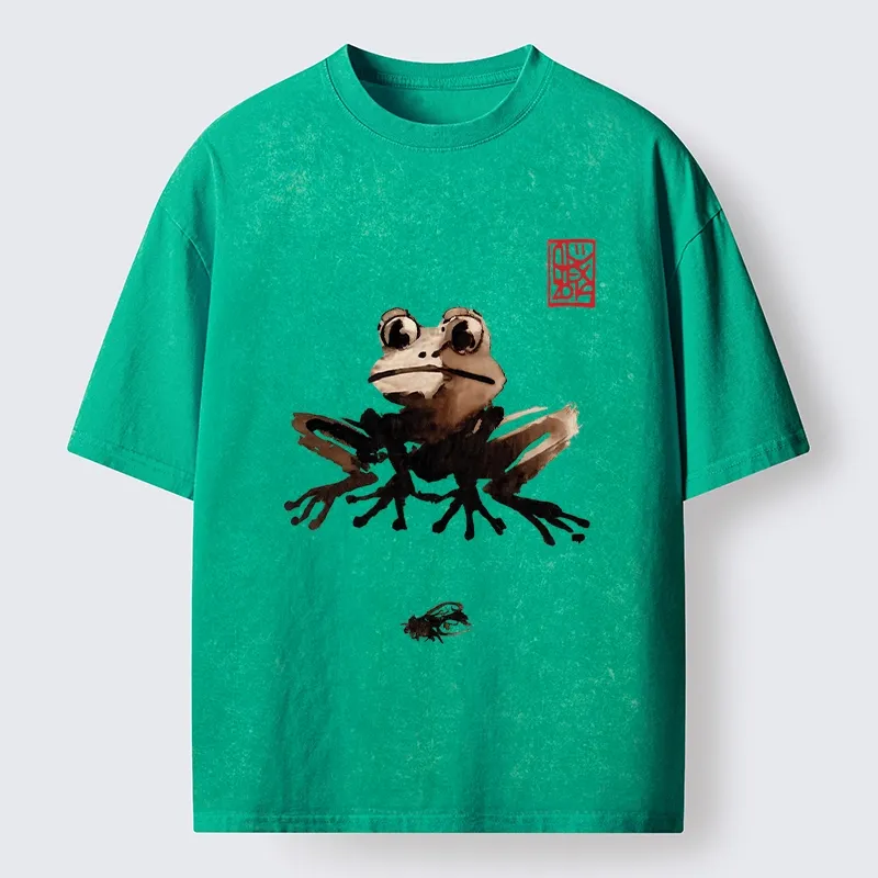 Tokyo-Tiger Ink Wash Frog And Its Tiny Prey Washed T-Shirt
