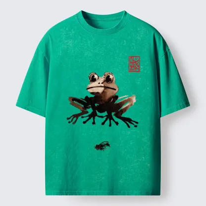 Tokyo-Tiger Ink Wash Frog And Its Tiny Prey Washed T-Shirt