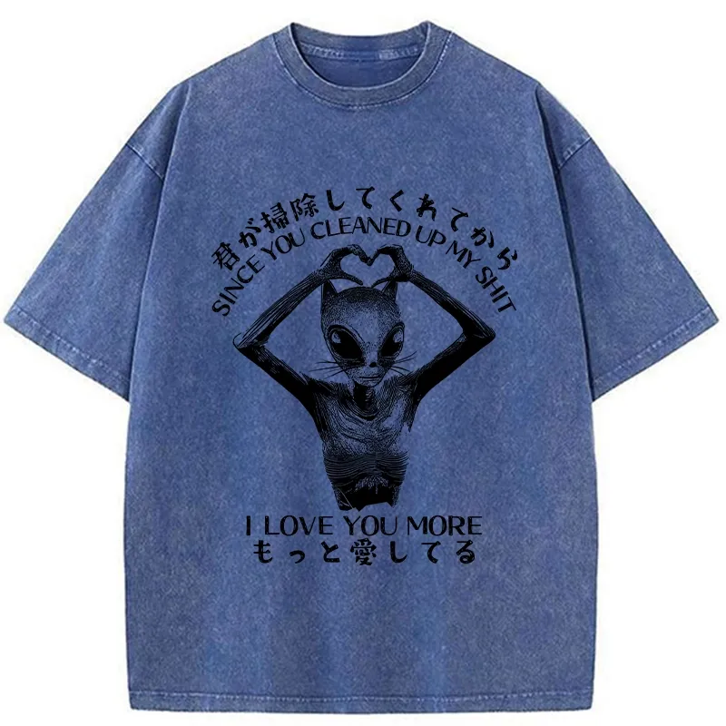 Tokyo-Tiger Funny Alien Cat Love Washed T-Shirt