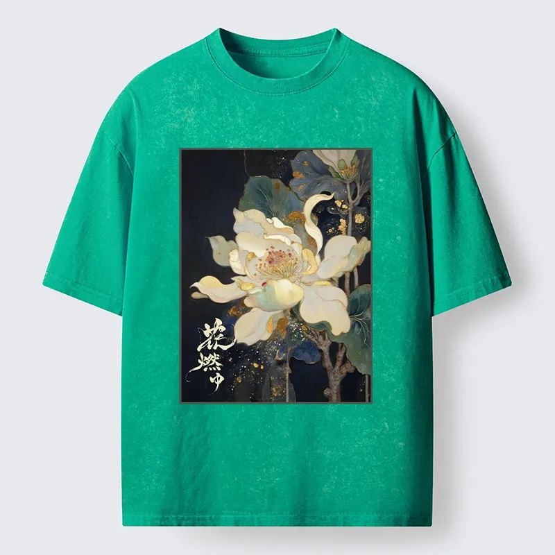 Tokyo-Tiger Lotus Adorned With Golden Specks Washed T-Shirt
