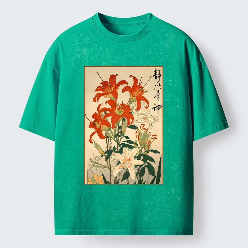Tokyo-Tiger Vibrant Red And White Lilies Washed T-Shirt