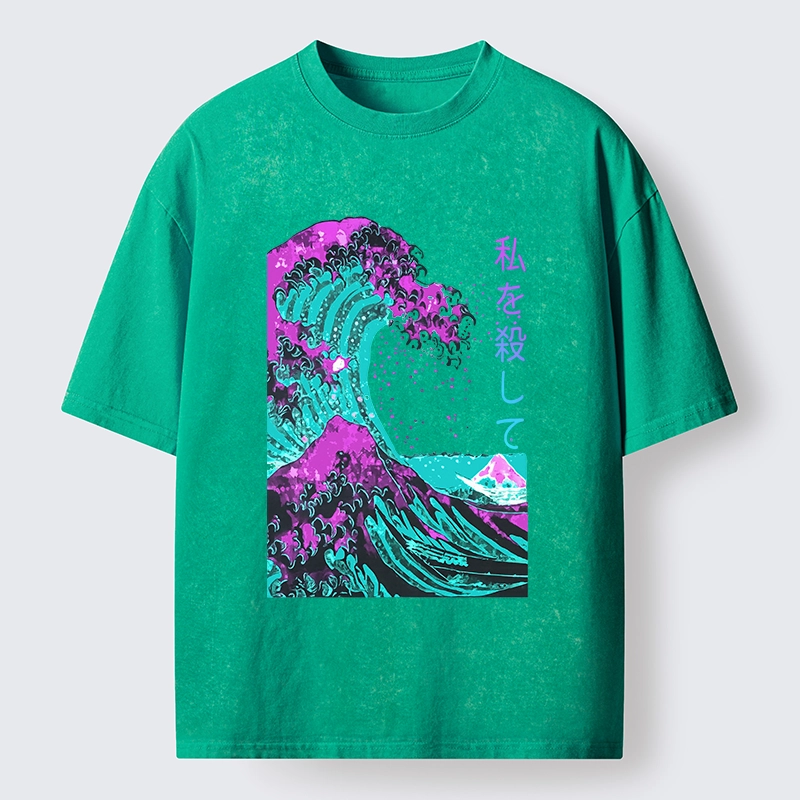 Tokyo-Tiger Neon Great Wave Off Kanagawa Washed T-Shirt
