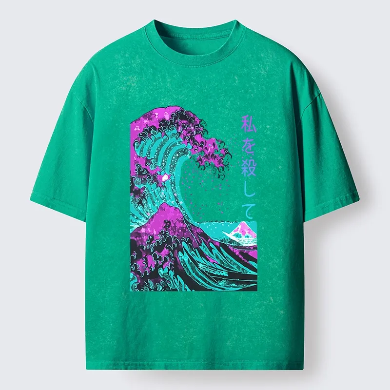 Tokyo-Tiger Neon Great Wave Off Kanagawa Washed T-Shirt